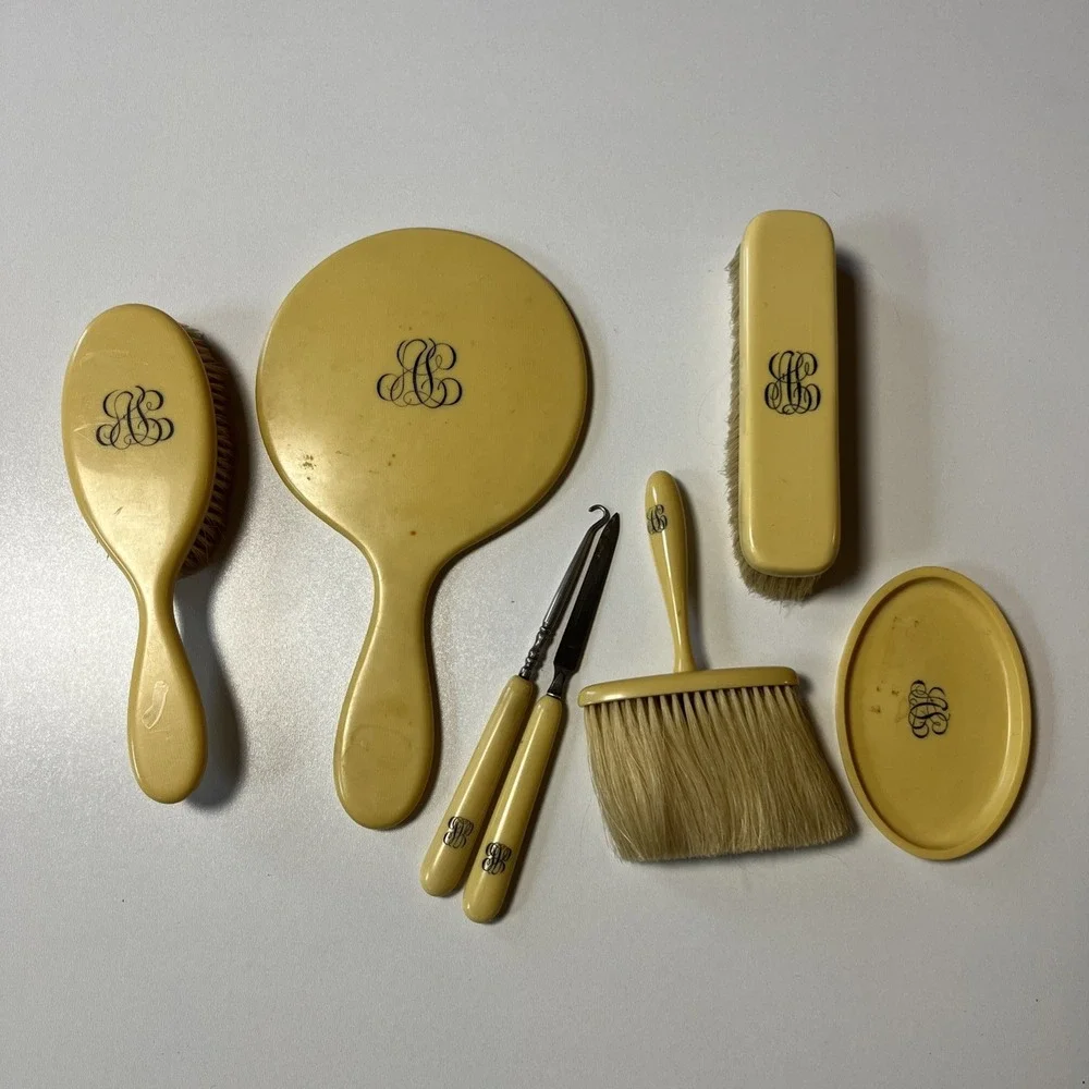 Vintage DuPont Ivory Paris France Plastic Vanity Set Monogrammed Lot Of 7 Items